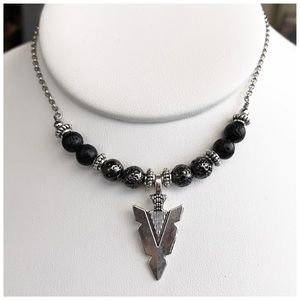 Arrow choker necklace . Gun metal lava rock silver arrow bead boho necklace